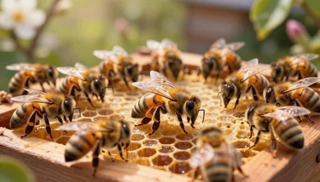A scene depicting a queen bee being rejected by a colony of honeybees. Foreground: Focus on a single, majestic queen bee, her golden body glinting under soft sunlight, surrounded by a diverse group of worker bees exhibiting agitation and confusion. Middle ground: The hive structure, detailed with wooden frames and honeycomb patterns, showing clear signs of disturbance as some bees are positioned in a defensive stance. Background: A blurred garden with blooming flowers and green foliage, creating a sense of natural environment. Lighting: Soft, warm sunlight filtering through leaves, casting gentle shadows. Mood: Tension and unease among the bees, highlighting the theme of rejection, while maintaining an informative and naturalistic atmosphere. No text or branding elements included. A scene depicting a queen bee being rejected by a colony of honeybees. Foreground: Focus on a single, majestic queen bee, her golden body glinting under soft sunlight, surrounded by a diverse group of worker bees exhibiting agitation and confusion. Middle ground: The hive structure, detailed with wooden frames and honeycomb patterns, showing clear signs of disturbance as some bees are positioned in a defensive stance. Background: A blurred garden with blooming flowers and green foliage, creating a sense of natural environment. Lighting: Soft, warm sunlight filtering through leaves, casting gentle shadows. Mood: Tension and unease among the bees, highlighting the theme of rejection, while maintaining an informative and naturalistic atmosphere. No text or branding elements included.