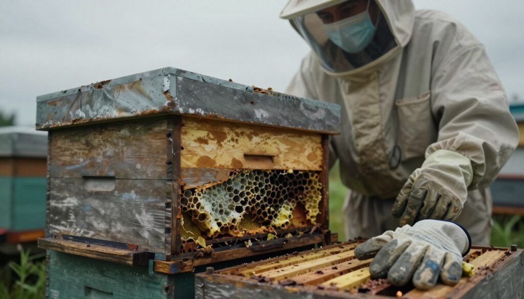 A scene depicting infected hive equipment, featuring a close-up of a worn-out beehive box displaying signs of deterioration and discoloration, with visible mold and an array of damaged frames scattered around. In the foreground, a pair of protective gloves lies next to the equipment, emphasizing safety. The middle ground includes a blurred image of a beekeeper in professional attire inspecting the damaged equipment, wearing a face mask and visor for safety. The background presents an overcast sky filtering soft, diffused light, creating a somber atmosphere. The lens should have a slight depth of field to focus on the equipment, with muted colors portraying a sense of caution and concern, effectively reflecting the seriousness of evaluating infected hive options. A scene depicting infected hive equipment, featuring a close-up of a worn-out beehive box displaying signs of deterioration and discoloration, with visible mold and an array of damaged frames scattered around. In the foreground, a pair of protective gloves lies next to the equipment, emphasizing safety. The middle ground includes a blurred image of a beekeeper in professional attire inspecting the damaged equipment, wearing a face mask and visor for safety. The background presents an overcast sky filtering soft, diffused light, creating a somber atmosphere. The lens should have a slight depth of field to focus on the equipment, with muted colors portraying a sense of caution and concern, effectively reflecting the seriousness of evaluating infected hive options.