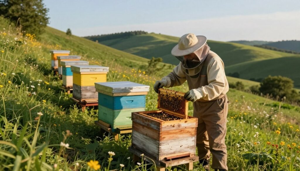 A scenic beekeeping setup on uneven ground, featuring a weathered wooden bee hive placed on a sloping, grassy hill. In the foreground, a beekeeper dressed in modest casual attire, including a protective veil and gloves, carefully inspects the hive with an open frame revealing buzzing bees. The middle ground captures the hive with its colorful boxes, brilliantly contrasting against the lush greenery and wildflowers. In the background, soft rolling hills and a blue sky create a peaceful atmosphere, while golden sunlight gently illuminates the scene, casting long shadows. The angle is slightly elevated, providing an overview of the challenging terrain, evoking a sense of dedication and harmony with nature. The overall mood is tranquil yet focused, highlighting the challenges of beekeeping in such a setting.