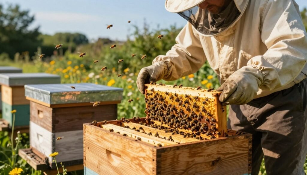 A scenic view of a beekeeper, dressed in professional protective attire, managing a hive with bees actively flying around. In the foreground, the beekeeper carefully adds a new super box to the top of a wooden hive, showcasing the rich textures of the wood and the shiny frames inside. In the middle ground, clusters of bees create a gentle buzz, emphasizing the dynamic interaction with the hive. The background is a lush, sun-drenched garden filled with wildflowers, under a clear blue sky. The warm, golden sunlight casts soft shadows, creating a tranquil and productive atmosphere, capturing the essence of beekeeping and hive management. Reduce distractions to focus on the person and hive, ensuring a clear, informative depiction of adding supers.