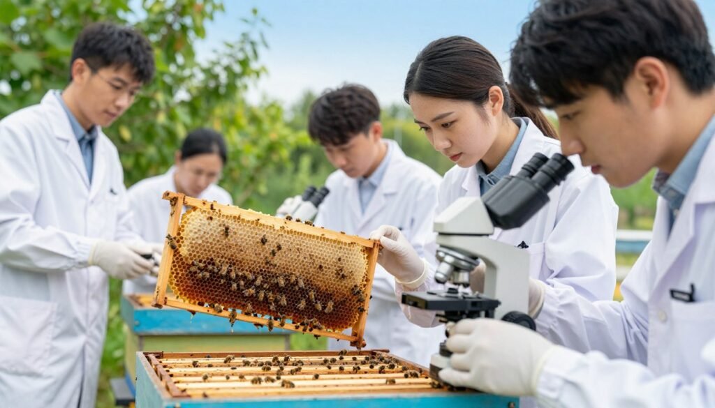 A scientific evaluation scene focused on mite control treatment efficacy within an apiary. In the foreground, a group of researchers in professional attire examines mite samples under a microscope, with focused expressions. In the middle ground, an open beehive displays bees actively working around honeycomb sections, illustrating an ongoing treatment evaluation. The background features vibrant green foliage and a clear blue sky, suggesting a sunny day. Soft, natural lighting enhances the scene, while a shallow depth of field draws attention to the researchers and their work. The atmosphere should feel focused and industrious, capturing the importance of scientific inquiry in beekeeping practices.