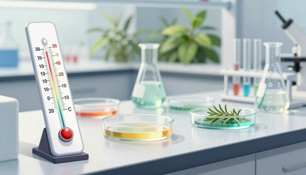 A scientific illustration showcasing the ideal temperature range for thymol treatment. In the foreground, a thermometer displaying a range from 20°C to 30°C, with vibrant color gradients representing optimal temperatures. The middle layer features a laboratory setting with glass beakers and petri dishes, all arranged on a sleek lab bench. In the background, soft-focus images of plants that signify natural sources of thymol. The lighting is bright and sterile, akin to a well-lit research environment, with slight shadows adding depth. The atmosphere is professional and informative, conveying a sense of precision and care necessary for conducting effective thymol treatments. The overall composition should be clean and engaging.