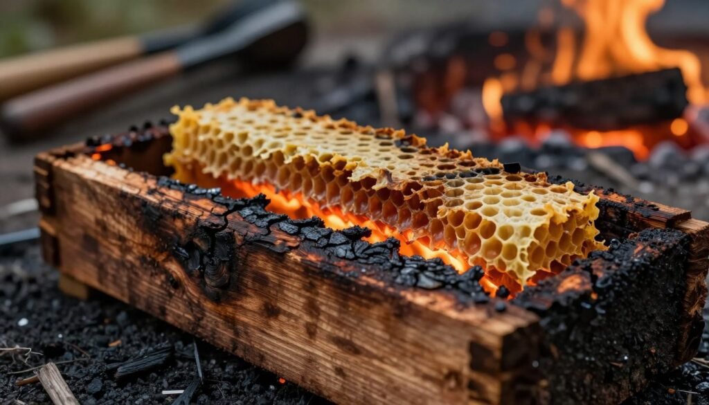 A scorched wooden hive component lies prominently in the foreground, displaying charred edges and smoldering remnants. The texture of the wood is detailed, showcasing deep cracks and a darkened surface from the intense heat. In the middle ground, a beeswax comb, slightly melted and warped, contrasts with the burnt hive item. Warm, ambient light enhances the glow of the flickering flames, while shadows play across the scene, creating a dramatic atmosphere. The background features blurred beekeeping tools and an open fire pit, subtly indicating the disposal method. The overall mood is one of urgency and careful management, emphasizing the importance of safe hive destruction. Use a macro lens for close-up detail, with a shallow depth of field to focus on the glowing hive component. A scorched wooden hive component lies prominently in the foreground, displaying charred edges and smoldering remnants. The texture of the wood is detailed, showcasing deep cracks and a darkened surface from the intense heat. In the middle ground, a beeswax comb, slightly melted and warped, contrasts with the burnt hive item. Warm, ambient light enhances the glow of the flickering flames, while shadows play across the scene, creating a dramatic atmosphere. The background features blurred beekeeping tools and an open fire pit, subtly indicating the disposal method. The overall mood is one of urgency and careful management, emphasizing the importance of safe hive destruction. Use a macro lens for close-up detail, with a shallow depth of field to focus on the glowing hive component.