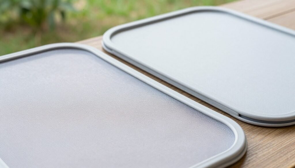 A seamless, compatibility screened inner cover, displaying its fine mesh detail, elegantly designed to fit both telescoping and flat lids. In the foreground, the screen should be shown up close, highlighting the texture and material that ensures durability and airflow. The middle ground features a telescoping lid and a flat lid, positioned side by side to emphasize compatibility, softly illuminated by natural light that enhances their contours. In the background, a blurred outdoor setting with gentle greenery suggests a serene summer atmosphere, inviting a sense of ease and comfort. The overall mood is fresh and inviting, reflecting the practicality and aesthetic appeal of the screened inner cover. The image should be captured from a slightly angled view to give depth, utilizing a shallow depth of field to focus on the inner cover's features.