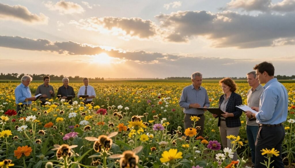 A serene agricultural landscape at dawn, showcasing lush fields of flowering crops buzzing with activity from bees and other pollinators. In the foreground, a group of professional farmers in business attire discuss over a clipboard, representing financial considerations of pollination services. The middle ground features vibrant, close-up views of bees collecting nectar, surrounded by colorful blossoms, symbolizing the importance of pollination in agriculture. In the background, soft golden sunlight filters through scattered clouds, casting a warm glow over the fields and highlighting the intricate details of nature's pollination process. The atmosphere is peaceful yet focused, conveying the blend of nature and economics in sustainable farming practices. Use a wide-angle lens to capture the expansive landscape, emphasizing depth and clarity.