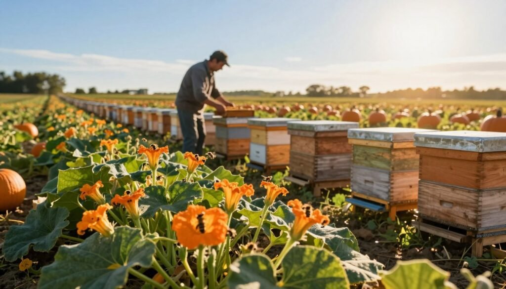 A serene agricultural landscape capturing the best practices for hive placement amidst vibrant pumpkin fields. In the foreground, lush green pumpkin plants adorned with bright orange blooms, surrounded by meticulously placed wooden beehives with bees actively buzzing around them. The middle ground features a farmer, dressed in modest casual clothing, inspecting a hive, demonstrating the connection between hive placement and effective pollination. In the background, golden sunlight filters through a clear blue sky, enhancing the warm atmosphere of a productive farm. The image should be framed with a slight depth of field focus, highlighting the bees in the foreground while gently blurring the distant pumpkin rows, evoking a mood of harmony between nature and agriculture.