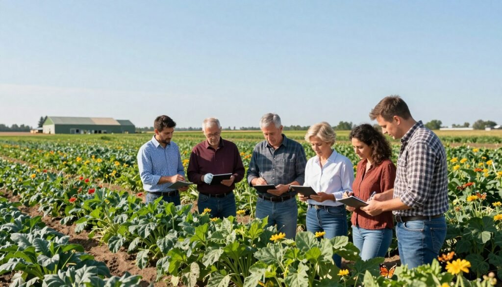 A serene agricultural landscape depicting best management practices for pesticide exposure. In the foreground, a diverse group of farmers in professional attire is engaged in a collaborative discussion, examining crops and pesticide application techniques. The middle ground features well-maintained fields of various crops, punctuated by colorful flowering plants attracting pollinators like bees and butterflies. In the background, a clear blue sky illuminates the scene, with a distant view of a healthy farmstead. Soft, natural lighting highlights the green hues of the plants and the farmers' focused expressions, creating a sense of teamwork and commitment to sustainable agriculture. The overall mood is one of positivity and proactive stewardship of the environment.