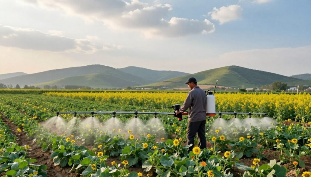 A serene agricultural landscape depicting low-pressure pesticide application. In the foreground, a professional farmer dressed in modest casual clothing operates a handheld low-pressure sprayer, focused on the task. The middle ground features lush rows of flowering plants, vibrant with color, illustrating a pollination yard. Soft, diffused sunlight filters through light clouds, creating a calm atmosphere. In the background, gently rolling hills fade into a blue sky. The scene is captured from a slightly elevated angle to showcase the sprayer's effective coverage while minimizing drift. The overall mood is peaceful yet purposeful, highlighting sustainable practices in agriculture and pollination management.