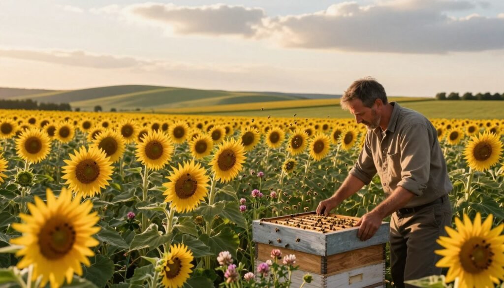 A serene agricultural landscape during golden hour, featuring a vibrant field of blooming crops, such as sunflowers and clover, attracting a plethora of honeybees. In the foreground, a farmer in professional, modest casual clothing is gently handling a beehive, showcasing the symbiotic relationship between agriculture and pollination services. The middle ground includes various flowering plants, visibly filled with buzzing bees, highlighting the dynamic process of pollination. The background should feature rolling hills under a soft, warm sky with scattered clouds, casting gentle, dappled sunlight across the scene. Use a wide-angle lens to capture the depth of the landscape, creating an optimistic and harmonious atmosphere that emphasizes the importance of pollination services to effective crop management.
