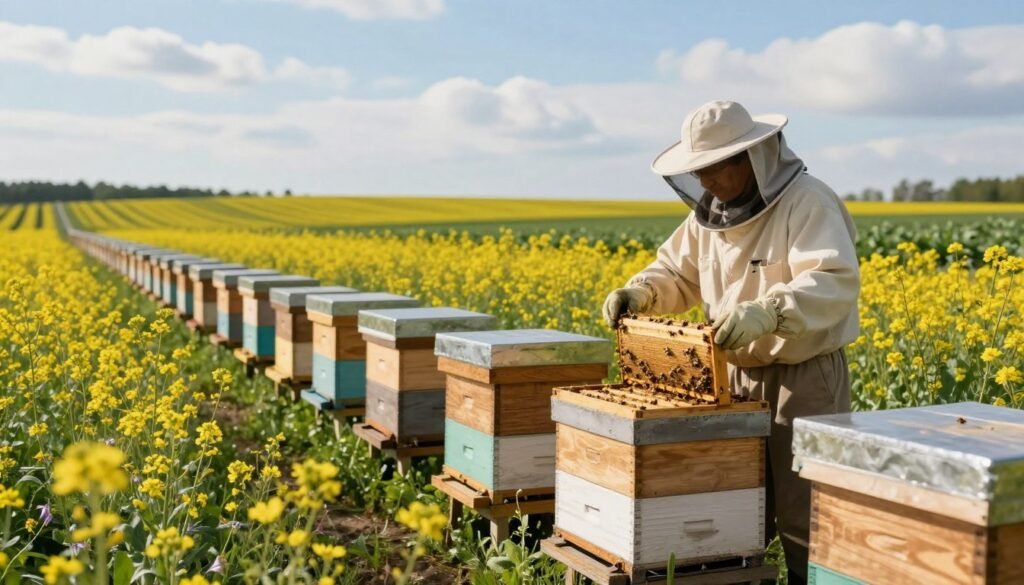 A serene agricultural landscape features a well-organized line of beehives nestled among vibrant wildflowers. In the foreground, a professional beekeeper, dressed in light-colored protective gear and a veil, carefully inspects a hive, showcasing their dedication to pollination efforts. In the middle ground, rows of flowering crops stretch toward the horizon, emphasizing the importance of pollination in agriculture. The background displays a clear blue sky with gentle clouds, enhancing the atmosphere of a productive, sunny day. Soft, warm lighting filters through the scene, creating a peaceful and inviting mood. The composition captures the harmonious relationship between bees and blooming plants, illustrating the critical role of hive placement in pollination.