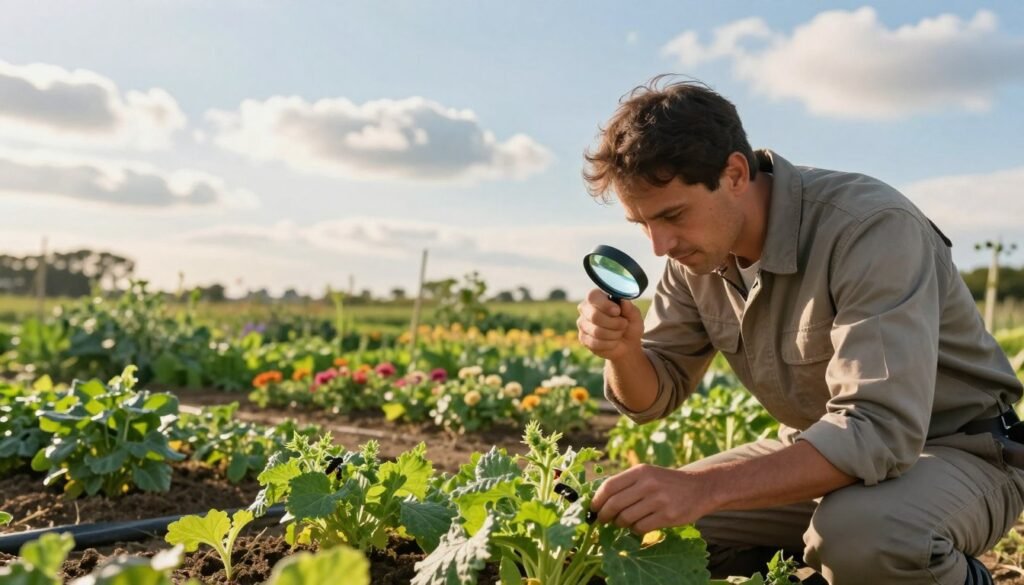 A serene agricultural landscape focused on integrated mite management practices. In the foreground, a farmer, dressed in professional work attire, inspects healthy plants with a magnifying glass, observing beneficial insects. In the middle ground, a well-tended garden with diverse, blooming plants showcases natural pest control methods, including companion planting. The background is a sunny sky with soft, fluffy clouds, portraying a tranquil farming environment. The lighting is warm and inviting, suggesting a late afternoon glow. The image is captured from a slightly elevated angle, providing a clear view of the action and surroundings, creating an atmosphere of hope and proactive management. The overall mood conveys diligence and optimism in agricultural practices. A serene agricultural landscape focused on integrated mite management practices. In the foreground, a farmer, dressed in professional work attire, inspects healthy plants with a magnifying glass, observing beneficial insects. In the middle ground, a well-tended garden with diverse, blooming plants showcases natural pest control methods, including companion planting. The background is a sunny sky with soft, fluffy clouds, portraying a tranquil farming environment. The lighting is warm and inviting, suggesting a late afternoon glow. The image is captured from a slightly elevated angle, providing a clear view of the action and surroundings, creating an atmosphere of hope and proactive management. The overall mood conveys diligence and optimism in agricultural practices.