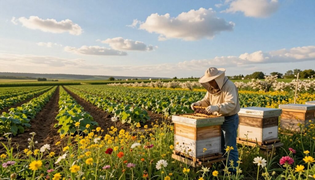 A serene agricultural landscape in the foreground, showcasing vibrant wildflowers and crops at various stages of growth, symbolizing plant phenology. A beekeeper in modest casual clothing gently checks a beehive, surrounded by active honey bees, illustrating the timing of hive moves. In the middle ground, there are organically arranged rows of crops, with bright green foliage and blossoming flowers, indicating seasonal changes. The background features a clear blue sky with soft, fluffy clouds and distant hills, bathed in warm, golden sunlight, creating a peaceful atmosphere. The scene is captured from a slightly elevated angle, emphasizing the relationship between the beekeeper and the flourishing plants, evoking a sense of harmony and connection with nature.