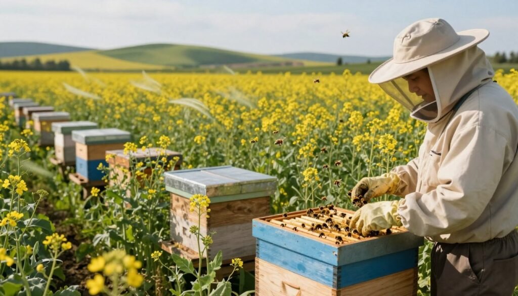 A serene agricultural landscape showcasing a diverse field of blooming crops being actively pollinated by various pollinators like bees and butterflies. In the foreground, a beekeeper in professional attire carefully examines a beehive, symbolizing the importance of long-term pollination contracts. The middle ground features lush green rows of flowering plants, while a gentle breeze sways the flowers, creating a sense of harmony. In the background, rolling hills under a bright, sunny sky emphasize a peaceful countryside atmosphere. The lighting is warm and inviting, casting soft shadows that enhance the scene's beauty. The image captures a balanced, productive ecosystem, reflecting the essential role of pollination services in agriculture.