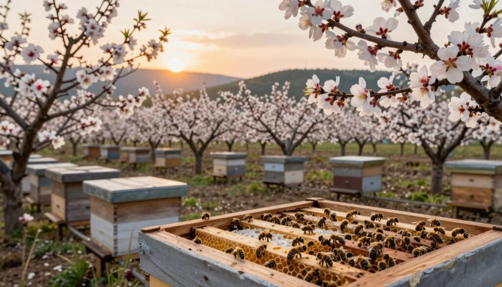 A serene almond orchard in full bloom during golden hour, showcasing vibrant white and pink blossoms. In the foreground, a close-up of honeybee hives, depicting the importance of hive strength for almond pollination, with attentive bees actively foraging. The middle ground features a row of hives surrounded by delicate almond trees, their blossoms swaying slightly in a gentle breeze. In the background, soft hills roll under a warm, orange sky, hinting at the fertile landscape. Emphasize the contrast of the active bees against the tranquil yet bustling orchard. Soft, diffused natural light bathes the scene, creating a calm and positive atmosphere, suggesting the harmony between nature and agriculture.