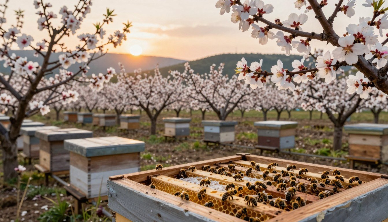 A serene almond orchard in full bloom during golden hour showcasing vibrant white and pink blossoms