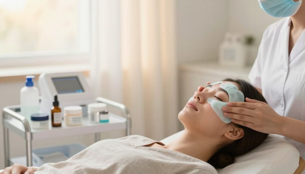A serene and calming scene depicting a professional setting focused on facial swelling treatment. In the foreground, a patient with modest casual clothing, relaxed and comfortable in a treatment chair, displays a gentle expression while soothing cool compresses are applied to their face. The middle layer showcases a well-organized treatment area, featuring clean medical equipment and jars of soothing creams, with soft, diffused lighting to evoke a sense of tranquility. The background features a softly blurred window with gentle sunlight filtering through sheer curtains, adding warmth to the atmosphere. The overall mood is peaceful and professional, conveying a sense of care and expertise in reducing facial swelling. Use a shallow depth of field to emphasize the patient and treatment area while softly blurring the background. A serene and calming scene depicting a professional setting focused on facial swelling treatment. In the foreground, a patient with modest casual clothing, relaxed and comfortable in a treatment chair, displays a gentle expression while soothing cool compresses are applied to their face. The middle layer showcases a well-organized treatment area, featuring clean medical equipment and jars of soothing creams, with soft, diffused lighting to evoke a sense of tranquility. The background features a softly blurred window with gentle sunlight filtering through sheer curtains, adding warmth to the atmosphere. The overall mood is peaceful and professional, conveying a sense of care and expertise in reducing facial swelling. Use a shallow depth of field to emphasize the patient and treatment area while softly blurring the background.