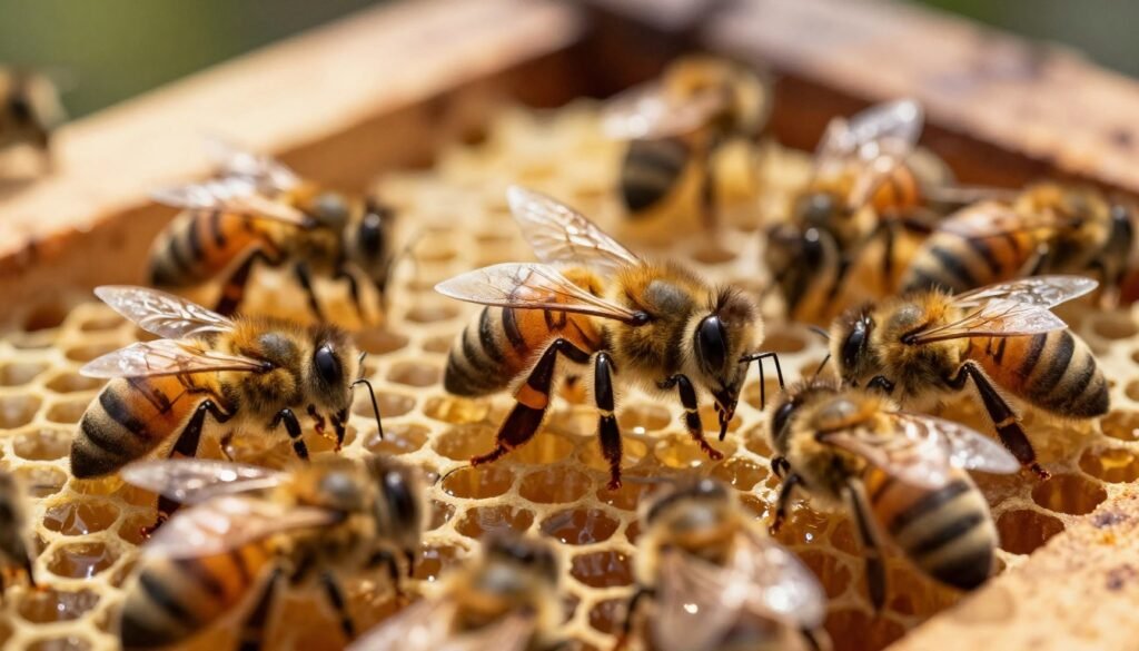 A serene and detailed close-up of a queen bee in a hive, surrounded by busy worker bees attending to her. The foreground captures the glistening amber and gold of honeycombs, with intricate hexagonal shapes illuminated by soft, natural sunlight filtering through the hive. The middle ground shows the queen bee, slightly larger than the worker bees, with a regal demeanor and a glossy, dark abdomen, as she is tended to by her attendants. The background is softly blurred, hinting at the hive structure with warm, earthy tones. The atmosphere is peaceful yet industrious, evoking the harmony of the hive community. The lighting creates a warm golden hue, enhancing the overall serenity of the scene, captured from a slightly angled perspective to provide depth.