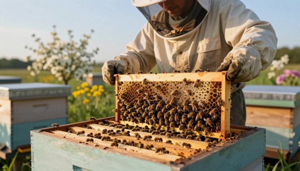 A serene and expertly cultivated beehive in an outdoor setting during early morning light. In the foreground, a close-up view of a vibrant swarm of bees working diligently around frames filled with brood, illustrating the essence of optimal timing in drone brood removal. The middle ground features a beekeeper in professional attire, carefully inspecting the hive with a frame tool, showcasing the technique of brood removal. In the background, lush blooming flowers and a clear blue sky enhance the peaceful atmosphere, emphasizing the connection between nature and beekeeping practices. The scene is bathed in soft golden sunlight, casting gentle shadows, creating a calm and focused mood. The composition captures the essence of timing and effectiveness in pest control.