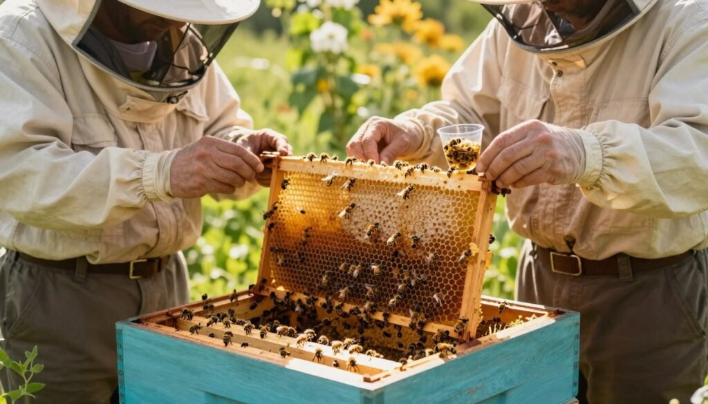 A serene and focused beekeeping scene in a bright, sunlit apiary, showcasing a beekeeper in modest, professional attire carefully observing a hive. In the foreground, the beekeeper holds a queen bee in a small, clear container, surrounded by workers on the hive frame, displaying their natural behaviors. The middle ground features vibrant honeycomb cells being inspected for readiness, with bees actively moving around. The background reveals lush greenery and flowering plants, adding a sense of abundance and harmony. Soft, golden light filters through the scene, casting gentle shadows and enhancing the mood of anticipation and care, perfectly embodying the theme of preparing a colony for a new queen. A serene and focused beekeeping scene in a bright, sunlit apiary, showcasing a beekeeper in modest, professional attire carefully observing a hive. In the foreground, the beekeeper holds a queen bee in a small, clear container, surrounded by workers on the hive frame, displaying their natural behaviors. The middle ground features vibrant honeycomb cells being inspected for readiness, with bees actively moving around. The background reveals lush greenery and flowering plants, adding a sense of abundance and harmony. Soft, golden light filters through the scene, casting gentle shadows and enhancing the mood of anticipation and care, perfectly embodying the theme of preparing a colony for a new queen.