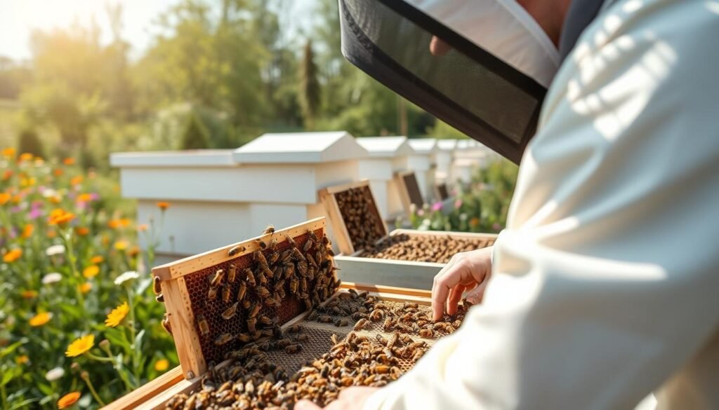 A serene and focused beekeeping scene set in a vibrant apiary, showcasing a beekeeper in professional attire inspecting a well-organized hive with a protective veil. In the foreground, highlight a close-up of the beekeeper's hands gently positioning screens designed to prevent drifting bees and parasite spread. The middle layer features multiple hives with screens in various designs, showcasing a variety of bee activity, emphasizing the importance of minimal drift. In the background, a lush garden blooms with wildflowers under soft, diffused sunlight, creating a tranquil atmosphere. The angle is slightly tilted upward, capturing the hives and bees in detailed clarity with a warm, inviting mood that reflects care and stewardship for bee health.