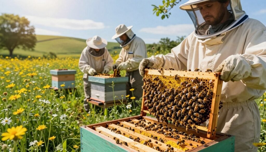 A serene and healthy bee colony set inside a lush green landscape, showcasing vibrant flowering plants and a clear blue sky. In the foreground, a close-up of a beehive surrounded by busy bees actively collecting pollen, illustrating a thriving environment. In the middle ground, two beekeepers in professional attire carefully inspecting another hive, demonstrating teamwork and dedication to the beekeeper's craft. The background features rolling hills with wildflowers and trees, symbolizing a balanced ecosystem. Soft, golden sunlight filters through the leaves, casting a warm glow over the scene, evoking a sense of optimism and sustainability in beekeeping practices. The overall atmosphere is peaceful and harmonious, reflecting the long-term strategies for maintaining colony health. A serene and healthy bee colony set inside a lush green landscape, showcasing vibrant flowering plants and a clear blue sky. In the foreground, a close-up of a beehive surrounded by busy bees actively collecting pollen, illustrating a thriving environment. In the middle ground, two beekeepers in professional attire carefully inspecting another hive, demonstrating teamwork and dedication to the beekeeper's craft. The background features rolling hills with wildflowers and trees, symbolizing a balanced ecosystem. Soft, golden sunlight filters through the leaves, casting a warm glow over the scene, evoking a sense of optimism and sustainability in beekeeping practices. The overall atmosphere is peaceful and harmonious, reflecting the long-term strategies for maintaining colony health.