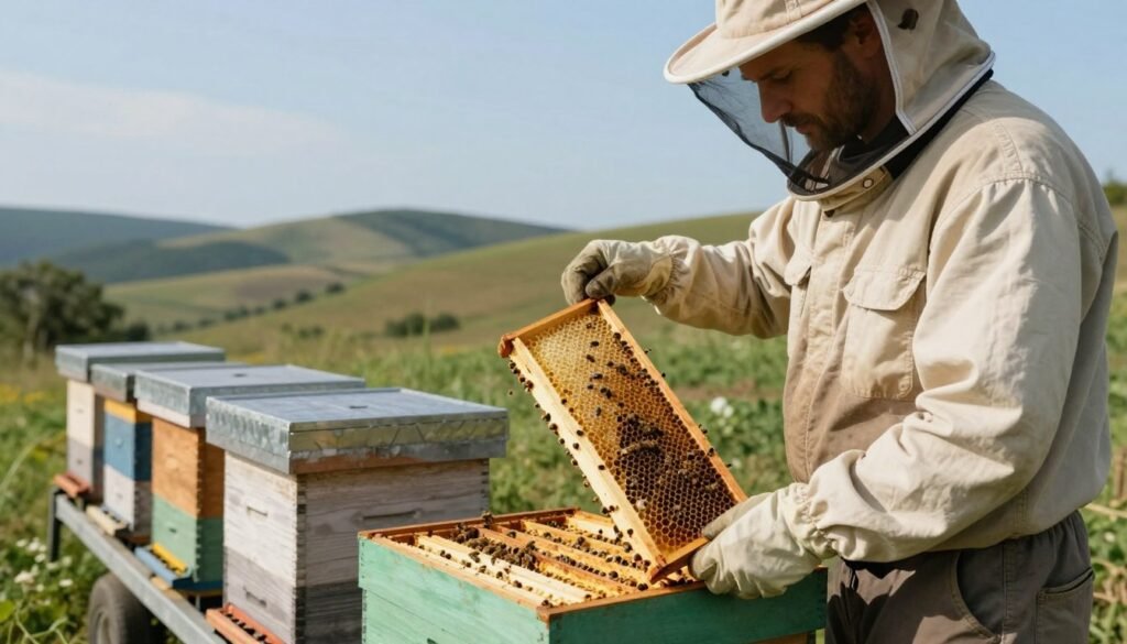 A serene and informative scene depicting a professional beekeeper in modest casual clothing, actively inspecting a beehive during a relocation process. In the foreground, the beekeeper holds a frame of honeycomb, showcasing healthy bees, demonstrating the vital aspects of hive maintenance. In the middle ground, several beehives are carefully arranged on a cart, illustrating organization and safety during transportation. The background features rolling hills under a clear blue sky, indicating a peaceful migratory environment. Soft, natural lighting enhances the scene, creating a calm atmosphere. The angle is slightly elevated, capturing both the beekeeper’s focused expression and the orderly arrangement of the hives. The image conveys a dedication to safe and effective hive relocation practices, emphasizing clarity and professionalism.