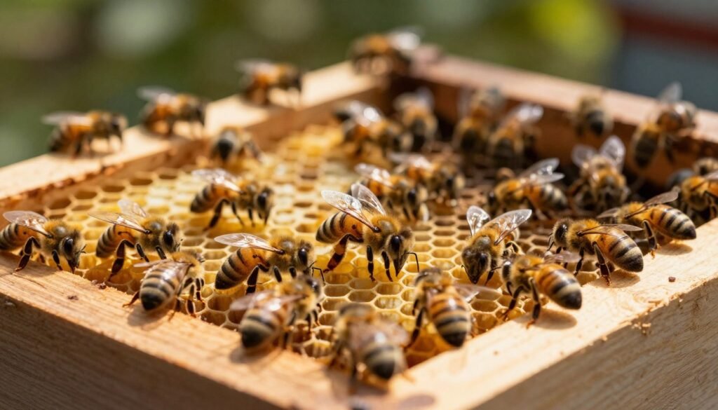 A serene and lively beehive scene showcasing signs of successful queen acceptance among honeybees. In the foreground, a cluster of bees is attentively surrounding a newly introduced queen bee, distinguished by her elongated abdomen and vibrant coloration. The middle ground features the hive itself, constructed from natural wood, with hexagonal honeycomb patterns visible and workers actively tending to brood cells. In the background, soft, dappled sunlight filters through nearby foliage, casting gentle shadows, enhancing the warm, inviting atmosphere. Utilize a shallow depth of field to focus on the bees and queen, while blurring the hive slightly for depth. The overall mood should evoke harmony and industriousness, illustrating the acceptance of the queen in a thriving colony.