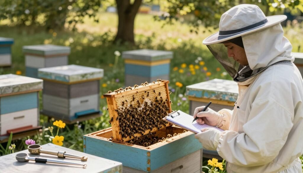 A serene and meticulously arranged apiary scene focused on preventing the spread of pathogens within a beehive. In the foreground, a beekeeper dressed in a protective suit and veil inspects a healthy hive, taking meticulous notes on a clipboard. The middle ground showcases several hives, with bees visibly working hard, surrounded by vibrant flowers and greenery. In the background, sun-dappled trees cast gentle shadows, creating a calm and positive atmosphere. Soft, warm lighting highlights the beekeeping tools laid out neatly on a table nearby. The scene should evoke a sense of care, responsibility, and diligence in ensuring colony health, emphasizing the importance of pathogen prevention in beekeeping. A serene and meticulously arranged apiary scene focused on preventing the spread of pathogens within a beehive. In the foreground, a beekeeper dressed in a protective suit and veil inspects a healthy hive, taking meticulous notes on a clipboard. The middle ground showcases several hives, with bees visibly working hard, surrounded by vibrant flowers and greenery. In the background, sun-dappled trees cast gentle shadows, creating a calm and positive atmosphere. Soft, warm lighting highlights the beekeeping tools laid out neatly on a table nearby. The scene should evoke a sense of care, responsibility, and diligence in ensuring colony health, emphasizing the importance of pathogen prevention in beekeeping.