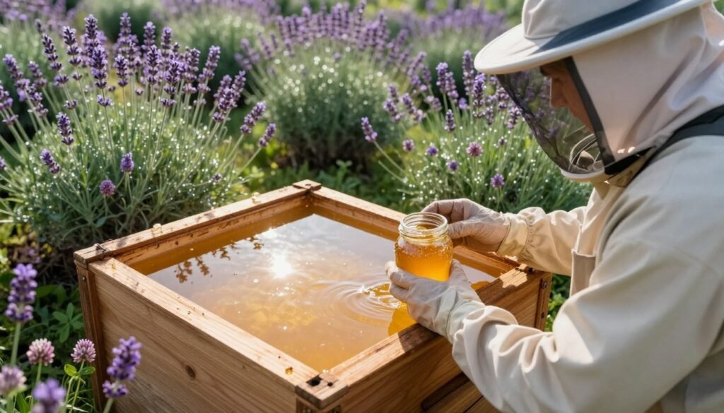 A serene and organized honey settling tank surrounded by vibrant floral sources like lavender and clover, signifying the connection between flowers and honey production. In the foreground, a professional beekeeper in modest casual clothing examines a clear glass jar of crystallized honey, observing the texture and color. The middle ground features the settling tank filled with golden honey, reflecting sunlight with a warm glow. In the background, lush floral fields lightly shimmer with morning dew under soft natural lighting, adding a tranquil atmosphere. Opt for a slightly elevated angle to capture the comprehensive view, emphasizing the harmony between floral diversity and honey crystallization. The mood is calm, industrious, and rooted in nature's beauty.