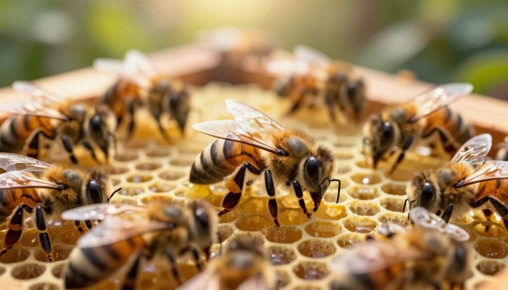 A serene and vibrant close-up of a queen bee resting in a natural hive. In the foreground, focus on the queen's elongated, smooth body, adorned with distinct markings that highlight her role in the colony. Surround her with diligent worker bees, actively tending to her. In the middle ground, capture the hexagonal wax cells filled with honey and pollen, showcasing the bustling life within the hive. The background should consist of blurred greenery, suggesting an idyllic garden setting. The lighting is soft and warm, with golden rays filtering through the hive, creating a gentle glow that emphasizes the harmony and vitality of the bee colony. Aim for a calming atmosphere, reflecting the delicate balance of nature and the role of the virgin queen.