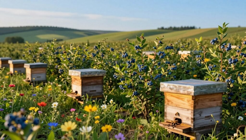 A serene and vibrant scene of a lush blueberry field in full bloom, dotted with strategically placed honey bee hives in various shapes, made of rustic wood. In the foreground, colorful wildflowers attract bees, while the hives stand prominently, showcasing small entrances buzzing with activity. The middle ground features rows of dense blueberry bushes, laden with ripe fruit, under the warm glow of golden hour sunlight. The background fades into gentle rolling hills, with a clear blue sky overhead. A soft focus effect enhances the tranquil mood, inviting viewers to appreciate the harmony between nature and beekeeping. The angle captures a slightly elevated viewpoint, offering a balanced view of the hives and surrounding flora. A serene and vibrant scene of a lush blueberry field in full bloom, dotted with strategically placed honey bee hives in various shapes, made of rustic wood. In the foreground, colorful wildflowers attract bees, while the hives stand prominently, showcasing small entrances buzzing with activity. The middle ground features rows of dense blueberry bushes, laden with ripe fruit, under the warm glow of golden hour sunlight. The background fades into gentle rolling hills, with a clear blue sky overhead. A soft focus effect enhances the tranquil mood, inviting viewers to appreciate the harmony between nature and beekeeping. The angle captures a slightly elevated viewpoint, offering a balanced view of the hives and surrounding flora.