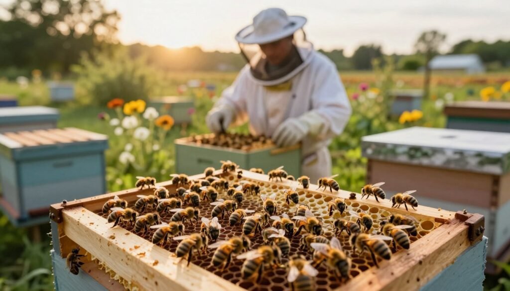 A serene apiarist's workspace, showcasing a diverse group of professional support bees. In the foreground, vibrant, well-defined bees gather on frames of honeycomb, their bodies glistening in soft sunlight. In the middle ground, a knowledgeable beekeeper in smart business attire gently inspects the hive, wearing protective gloves and a veil. The background reveals a picturesque apiary setting, with blooming flowers and lush greenery, symbolizing a healthy ecosystem. Golden hour lighting casts a warm, inviting glow over the scene, enhancing the atmosphere of collaboration and stewardship. The composition is captured from a slightly elevated angle, providing a clear view of both the bees and the beekeeper's attentive demeanor, illustrating the importance of professional resources in beekeeping.