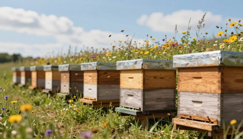 A serene apiary bathed in warm sunlight, showcasing a lively scene of beehives positioned on gentle grassland. In the foreground, focus on well-maintained beehives, their wooden surfaces polished and free from debris, with bees actively flying around. In the middle ground, vibrant wildflowers and tall grasses sway gently, creating a harmonious environment that enhances the atmosphere of cleanliness and care. The background reveals a clear blue sky with soft, fluffy clouds, implying an ideal day for beekeeping. The lighting is bright but soft, casting gentle shadows, as if captured with a wide lens for a slightly elevated angle. The overall mood is peaceful yet industrious, emphasizing the importance of maintaining hygiene in the apiary to deter pests.