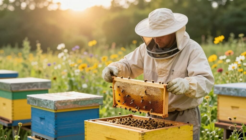 A serene apiary in the foreground, showcasing a beekeeper gently inspecting a vibrant hive, clad in professional attire and wearing protective gear. The beekeeper holds a frame packed with golden honeycomb, surrounded by busy bees, illustrating their health and activity. In the middle ground, blooming wildflowers and lush greenery provide a natural habitat, emphasizing the importance of a healthy environment for bees. The background features soft, golden sunlight filtering through the trees, creating a warm and inviting atmosphere. The scene captures a sense of harmony between the beekeeper and the bees, reflecting a commitment to protecting bee health during the harvest season, with a focus on sustainability and care. The overall mood is peaceful and uplifting, highlighting the vital role of bees in our ecosystem. A serene apiary in the foreground, showcasing a beekeeper gently inspecting a vibrant hive, clad in professional attire and wearing protective gear. The beekeeper holds a frame packed with golden honeycomb, surrounded by busy bees, illustrating their health and activity. In the middle ground, blooming wildflowers and lush greenery provide a natural habitat, emphasizing the importance of a healthy environment for bees. The background features soft, golden sunlight filtering through the trees, creating a warm and inviting atmosphere. The scene captures a sense of harmony between the beekeeper and the bees, reflecting a commitment to protecting bee health during the harvest season, with a focus on sustainability and care. The overall mood is peaceful and uplifting, highlighting the vital role of bees in our ecosystem.