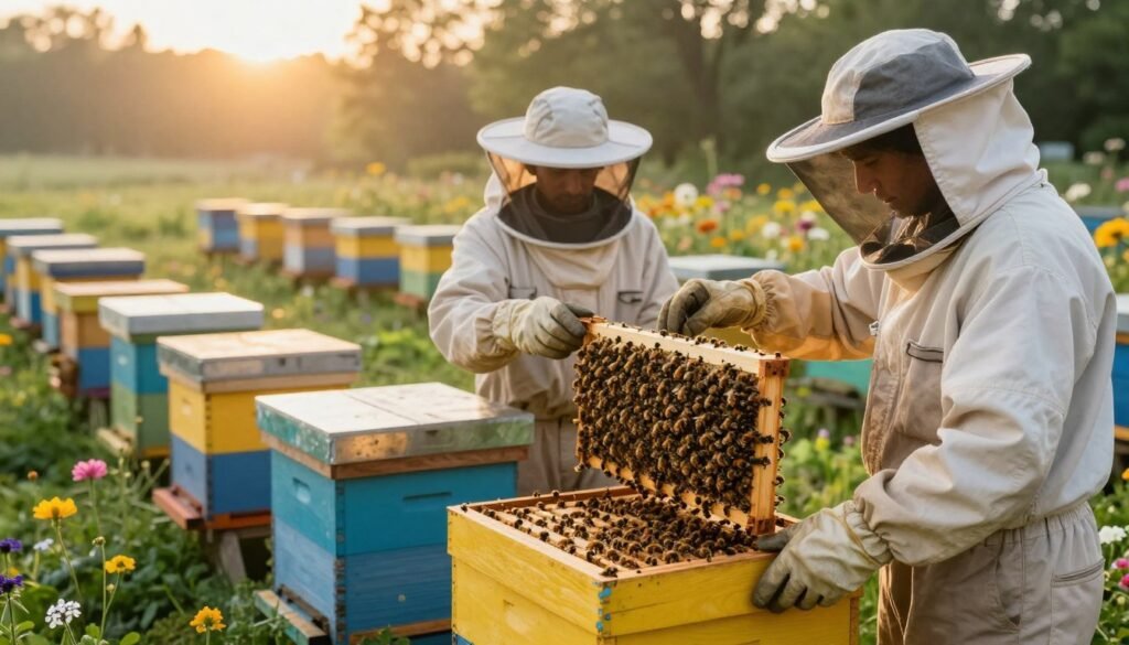 A serene apiary scene at dawn, capturing two beekeepers in professional attire intently engaged in the process of swapping hive positions. In the foreground, one beekeeper carefully lifts a frame full of bees from a vibrant, bustling hive, while the other adjusts the position of a neighboring hive. The bees are depicted in rich detail, showcasing their busy and harmonious activity. The middle ground shows rows of neatly arranged hives, surrounded by lush greenery and blooming flowers that add color and life to the setting. In the background, a soft golden light filters through the trees, casting a warm glow over the scene, enhancing the sense of tranquility and purpose. The atmosphere is calm, reflective of diligence in maintaining apiary harmony.