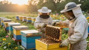 A serene apiary scene at dawn, capturing two beekeepers in professional attire intently engaged in the process of swapping