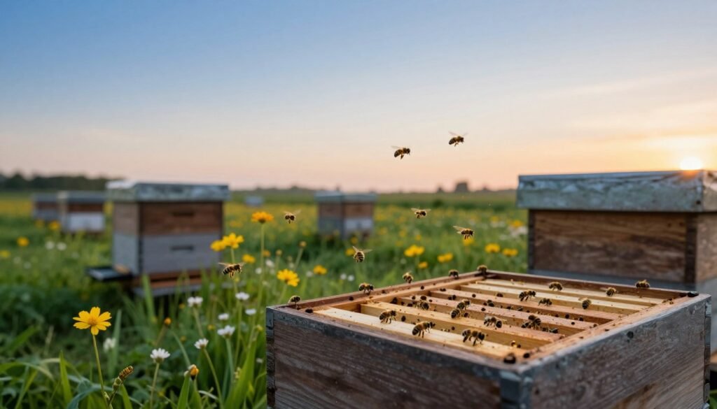 A serene apiary scene at dawn, highlighting seasonal timing in hive management. In the foreground, a well-maintained beehive with wooden frames, bees actively flying around. The middle ground features vibrant wildflowers and green grass, representing the spring season, while bees collect pollen. In the background, a gradient of soft blue sky transitioning to warm sunrise hues, casting gentle light over the landscape. The atmosphere is calm and peaceful, emphasizing the importance of natural cycles for effective hive management. Soft shadows and light diffusion create a soothing ambiance, with a shallow depth of field focusing on the beehive and flowers. The image should evoke a sense of harmony between nature and beekeeping practices.