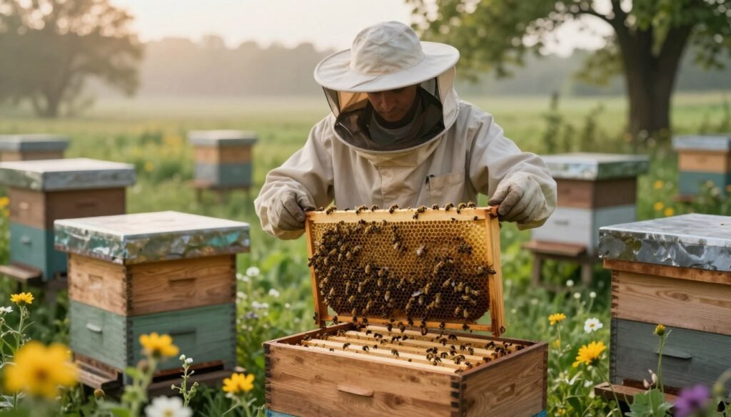 A serene apiary scene at dawn, showcasing a small beekeeper in modest work attire inspecting hive frames for signs of disease. In the foreground, a close-up view of healthy honey bees buzzing around vibrant flowers. The middle ground features the beekeeper, focused and attentive, surrounded by several wooden beehives, some with open lids revealing the inner frames. In the background, a lush green landscape with soft morning light filtering through trees, creating a calm and reassuring atmosphere. The soft glow highlights the importance of vigilance in maintaining bee health. The scene should evoke a mood of diligence and care amidst the tranquility of nature, captured with a warm, diffused natural lighting to enhance the peaceful yet serious tone of the task at hand.