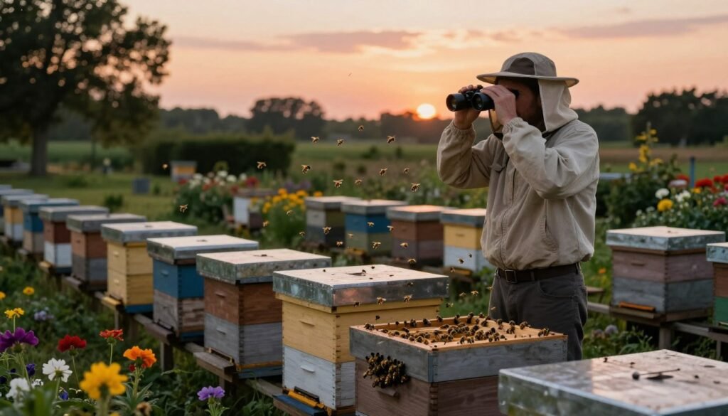 A serene apiary scene at dusk, focusing on a beekeeper in modest casual clothing, closely observing the hives with binoculars. In the foreground, vibrant flowers bloom around well-organized bee boxes, while the beekeeper stands alert, capturing the mood of vigilance. The middle ground features bees actively flying in and out of the hives, with a few clustering dangerously around the entrance, hinting at potential robber bees. The background reveals a lush garden with distant trees under a soft orange-pink sky, reflecting the quietude of late evening. The lighting is warm yet dim, showcasing the intricate details of the bees and hives. The overall atmosphere is contemplative but tense, emphasizing the importance of monitoring for unusual hive activity. A serene apiary scene at dusk, focusing on a beekeeper in modest casual clothing, closely observing the hives with binoculars. In the foreground, vibrant flowers bloom around well-organized bee boxes, while the beekeeper stands alert, capturing the mood of vigilance. The middle ground features bees actively flying in and out of the hives, with a few clustering dangerously around the entrance, hinting at potential robber bees. The background reveals a lush garden with distant trees under a soft orange-pink sky, reflecting the quietude of late evening. The lighting is warm yet dim, showcasing the intricate details of the bees and hives. The overall atmosphere is contemplative but tense, emphasizing the importance of monitoring for unusual hive activity.