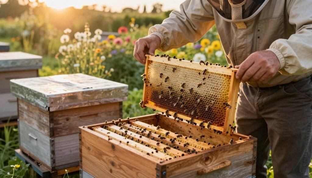 A serene apiary scene at golden hour, showcasing a beekeeper in modest casual attire, skillfully rebalancing frames within a wooden hive. In the foreground, the beekeeper gently lifts a frame filled with healthy brood and honeycomb, surrounded by industrious bees, capturing the essence of a thriving colony. In the middle ground, the hive is detailed with layers of frames exhibiting various brood patterns, emphasizing the importance of careful management. The background features a lush garden in full bloom, bathed in warm, golden sunlight, creating a calming atmosphere. The image should be captured from a slightly elevated angle, allowing the viewer to appreciate the intricate details of the hive and the surrounding nature, promoting a sense of harmony and balance in beekeeping practices.