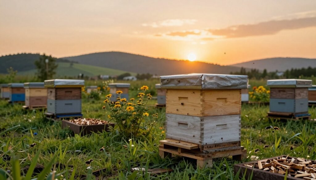 A serene apiary scene at sunset, showcasing a well-maintained beehive on a stand designed to protect it from pests and rot. In the foreground, focus on the hive, with a wooden pallet beneath it, slightly elevated to prevent moisture. Lush green grass surrounds the base, while small barriers with organic materials (like cedar mulch) sit nearby to emphasize pest control. The middle ground features flowering plants attracting bees, enhancing the vibrant ecosystem. In the background, gentle rolling hills under a warm orange sky, with soft sunlight filtering through, creating an inviting atmosphere. The scene captures tranquility and the importance of maintaining a healthy beehive environment. Use soft, natural lighting and a wide-angle lens to showcase the entire setting, emphasizing the harmony between beekeeping and nature.