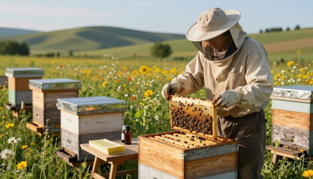 A serene apiary scene bathed in the warm glow of afternoon sunlight, showcasing several wooden beehives surrounded by vibrant wildflowers and lush greenery. In the foreground, a dedicated beekeeper in modest casual clothing is inspecting a hive, carefully examining the bees and looking for signs of mite infestations. The middle ground features various mite management tools such as sticky traps and essential oil bottles, subtly arranged on a wooden table. In the background, rolling hills extend under a clear blue sky, representing a healthy environment for bees. The overall atmosphere conveys a sense of diligence and proactive care in pest management, with soft, natural lighting enhancing the tranquility of the setting. The composition should evoke a feeling of optimism and the harmony between nature and responsible beekeeping practices.