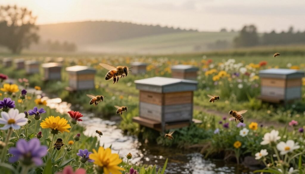 A serene apiary scene captured at dawn, showcasing a gentle stream of bees in flight, emphasizing their optimized flight paths as they navigate between blossoms. In the foreground, vibrant flowers bloom, rich in color, attracting the foraging bees, while a well-maintained beehive stands prominently in the center. The middle ground features a lush landscape dotted with various flowering plants, illustrating the diversity of resources available. In the background, soft hills fade into a hazy morning sky, painted with warm golden light. The atmosphere feels tranquil yet productive, embodying the balance between foraging efficiency and resource acquisition. The image is taken with a shallow depth of field to focus on the bees while gently blurring the background, enhancing the sense of motion and activity. A serene apiary scene captured at dawn, showcasing a gentle stream of bees in flight, emphasizing their optimized flight paths as they navigate between blossoms. In the foreground, vibrant flowers bloom, rich in color, attracting the foraging bees, while a well-maintained beehive stands prominently in the center. The middle ground features a lush landscape dotted with various flowering plants, illustrating the diversity of resources available. In the background, soft hills fade into a hazy morning sky, painted with warm golden light. The atmosphere feels tranquil yet productive, embodying the balance between foraging efficiency and resource acquisition. The image is taken with a shallow depth of field to focus on the bees while gently blurring the background, enhancing the sense of motion and activity.