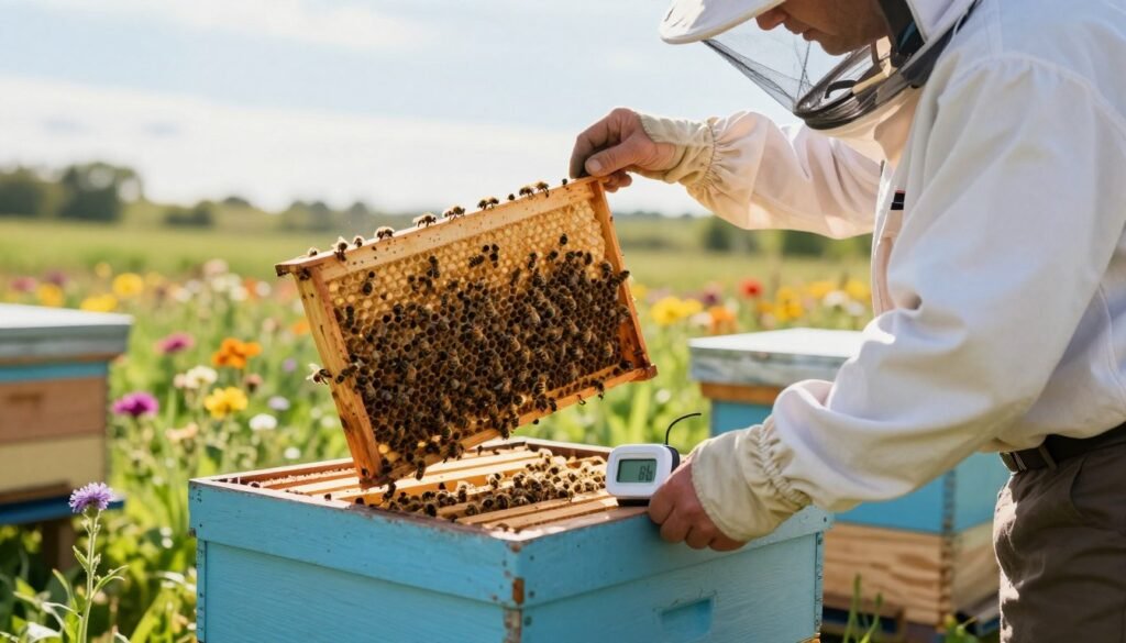 A serene apiary scene depicting a beekeeper in a professional business attire, intently managing the temperature inside a beehive. In the foreground, close-up details show the beekeeper using a digital thermometer and adjusting a temperature control device near the hive entrance. In the middle ground, an open hive reveals bees working busily, surrounded by colorful flowers and greenery, emphasizing a thriving environment. The background features a bright, clear sky with soft, golden sunlight illuminating the scene, casting gentle shadows and creating a calm atmosphere. The image conveys the importance of temperature management in bee health, capturing the balance between nature and human intervention in beekeeping. A serene apiary scene depicting a beekeeper in a professional business attire, intently managing the temperature inside a beehive. In the foreground, close-up details show the beekeeper using a digital thermometer and adjusting a temperature control device near the hive entrance. In the middle ground, an open hive reveals bees working busily, surrounded by colorful flowers and greenery, emphasizing a thriving environment. The background features a bright, clear sky with soft, golden sunlight illuminating the scene, casting gentle shadows and creating a calm atmosphere. The image conveys the importance of temperature management in bee health, capturing the balance between nature and human intervention in beekeeping.