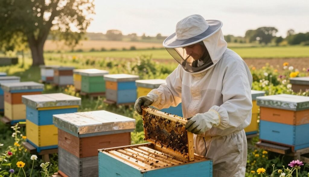 A serene apiary scene depicting a beekeeper in a protective suit with a veil, demonstrating proper safety protocols while checking a beehive. In the foreground, the beekeeper is calmly inspecting the hive, holding a frame of bees with a focus on safety equipment, including gloves and a smoker. The middle ground showcases the vibrant beehives in various colors, surrounded by flowers, enhancing the connection to nature and the importance of bee conservation. In the background, a sunlit landscape stretches out, featuring trees and fields to evoke a peaceful, rural atmosphere. The lighting is warm and natural, suggesting early morning or late afternoon, with soft shadows creating depth and a feeling of tranquility and professionalism. A serene apiary scene depicting a beekeeper in a protective suit with a veil, demonstrating proper safety protocols while checking a beehive. In the foreground, the beekeeper is calmly inspecting the hive, holding a frame of bees with a focus on safety equipment, including gloves and a smoker. The middle ground showcases the vibrant beehives in various colors, surrounded by flowers, enhancing the connection to nature and the importance of bee conservation. In the background, a sunlit landscape stretches out, featuring trees and fields to evoke a peaceful, rural atmosphere. The lighting is warm and natural, suggesting early morning or late afternoon, with soft shadows creating depth and a feeling of tranquility and professionalism.