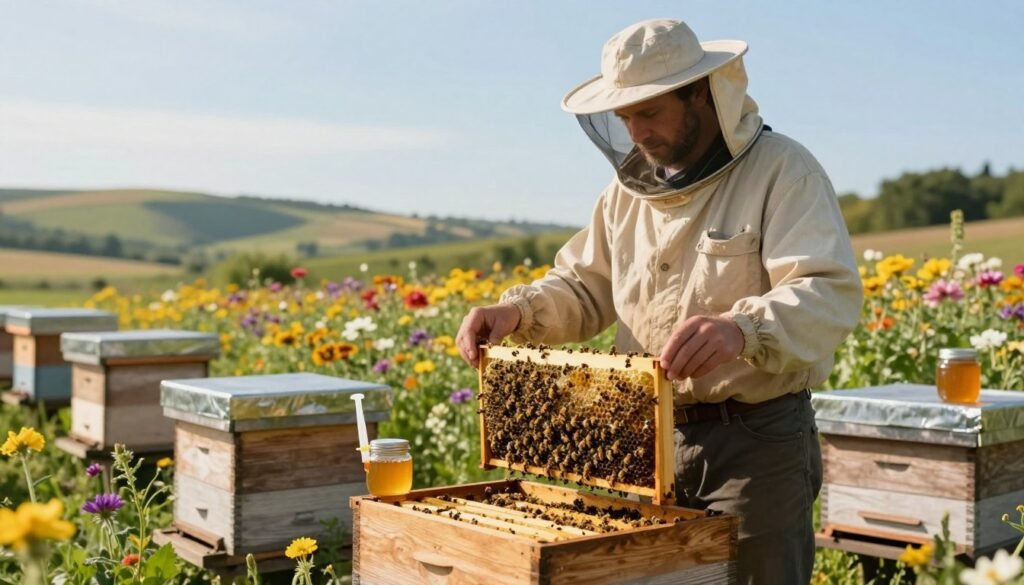 A serene apiary scene depicting a beekeeper in modest casual clothing standing thoughtfully beside a wooden bee hive. In the foreground, the beekeeper is inspecting frames filled with bees, gently examining the hive's activity. In the middle, various colorful flowering plants are blooming, symbolizing the natural food sources available to the bees, while strategically placed jars of honey and feeding syringes hint at the supplemental feeding process. The background presents a sunlit landscape with gentle hills, under a clear blue sky. The lighting is warm and inviting, casting soft shadows, creating a peaceful, hopeful atmosphere. The composition captures the transition from supplemental feeding to encouraging natural foraging, embodying a sense of harmony between the beekeeper and the bees. A serene apiary scene depicting a beekeeper in modest casual clothing standing thoughtfully beside a wooden bee hive. In the foreground, the beekeeper is inspecting frames filled with bees, gently examining the hive's activity. In the middle, various colorful flowering plants are blooming, symbolizing the natural food sources available to the bees, while strategically placed jars of honey and feeding syringes hint at the supplemental feeding process. The background presents a sunlit landscape with gentle hills, under a clear blue sky. The lighting is warm and inviting, casting soft shadows, creating a peaceful, hopeful atmosphere. The composition captures the transition from supplemental feeding to encouraging natural foraging, embodying a sense of harmony between the beekeeper and the bees.