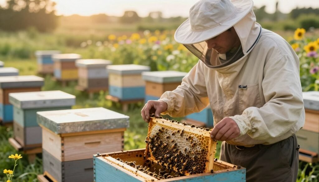 A serene apiary scene depicting a beekeeper in modest, professional attire, closely inspecting a beehive. In the foreground, the beekeeper, with a protective veil, is using a smoker to calm the bees, focusing on a frame being lifted from the hive, showcasing healthy comb and bees working diligently. In the middle ground, other beehives are arranged neatly, some showing signs of colony combination with entrances bustling with activity. The background features a lush garden, alive with wildflowers, under soft natural lighting of a late afternoon sun, creating a warm, hopeful atmosphere. The lens should provide a shallow depth of field, highlighting the beekeeper while softly blurring the surrounding hives. Overall, the image conveys a sense of diligence and care in monitoring recovery after combining colonies.