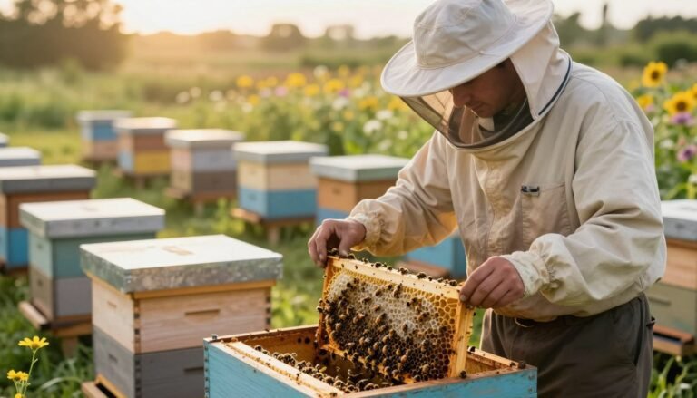 A serene apiary scene depicting a beekeeper in modest, professional attire, closely inspecting a beehive
