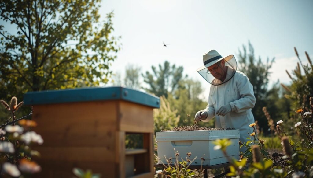 A serene apiary scene depicting a beekeeper wearing professional attire, managing a swarm of bees with a swarm trap box prominently featured in the foreground. The beekeeper, focused and calm, is gently guiding the bees into the trap. In the middle ground, various trees and flowering plants provide a natural setting, while the background showcases a clear blue sky with soft, diffused sunlight illuminating the scene. The mood is tranquil and harmonious, emphasizing the relationship between the beekeeper and the bees. A shallow depth of field highlights the beekeeper and the trap box, creating a sense of depth and focus, while maintaining a warm, inviting atmosphere.