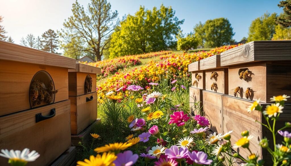 A serene apiary scene depicting a close-up of a well-organized honeybee colony, showcasing intricate pollen traps installed on hives. In the foreground, wooden hives with clear, visible entrances are surrounded by vibrant flowers, while bees can be seen actively collecting pollen. The middle ground features a gentle slope with various flowering plants, their colors vivid under soft, golden sunlight, creating a warm and inviting atmosphere. In the background, lush green trees and a clear blue sky add depth and tranquility to the image. The lighting should be bright and diffused, capturing the essence of a perfect spring day, using a slightly elevated angle to emphasize the interaction between the bees and their environment.